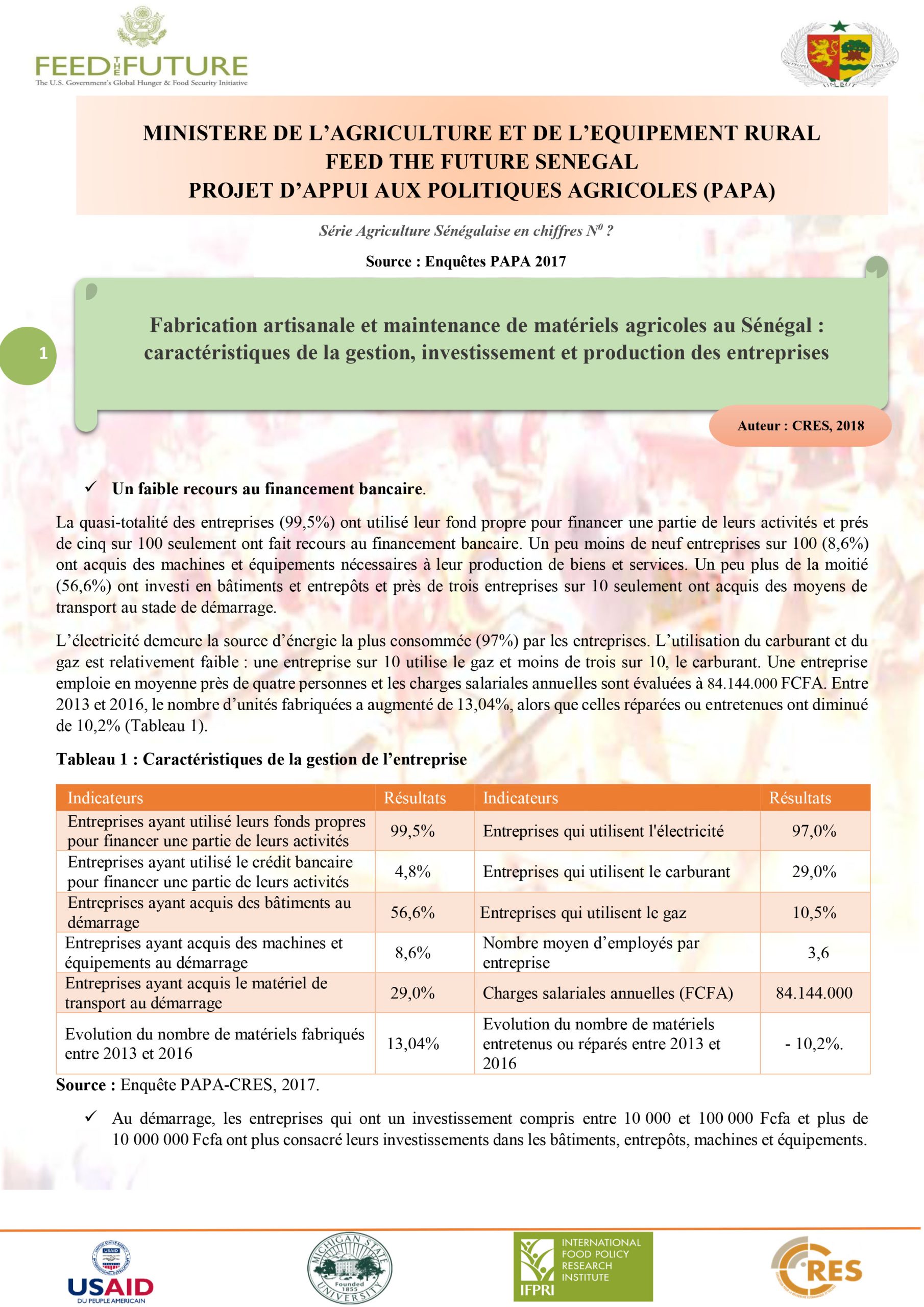 Fabrication artisanale et maintenance de matériels agricoles au Sénégal : caractéristiques de la gestion, investissement et production des entreprises