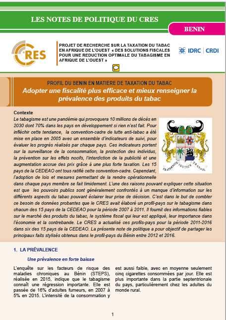 PROFIL DU BÉNIN : Adopter  une fiscalité plus efficace  et mieux renseigner la prévalence  des produits  du tabac