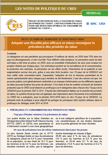 Adopter une fiscalité plus efficace et mieux renseigner la prévalence des produits du tabac : PROFIL DU SENEGAL