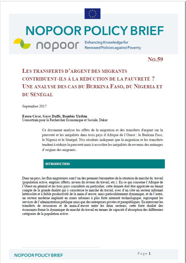 Les transferts d'argent des migrants contribuent-ils à la réduction de la pauvreté? Une analyse des cas du Burkina Faso, du Nigéria et du Sénégal