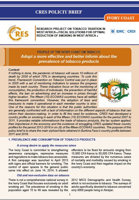 Adopt a more effective and better inform about the  prevalence of tobacco  products : Profile of the Ivory Coast on Tobacco