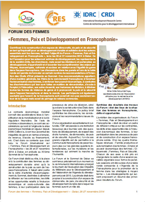 FORUM DES FEMMES « Femmes, Paix et Développement en Francophonie »
