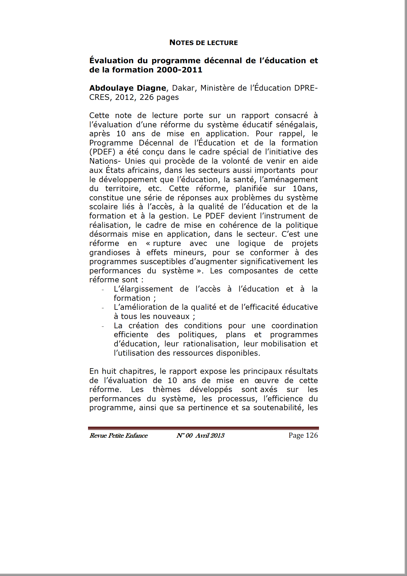 Évaluation du programme décennal de l’éducation et de la formation 2000-2011