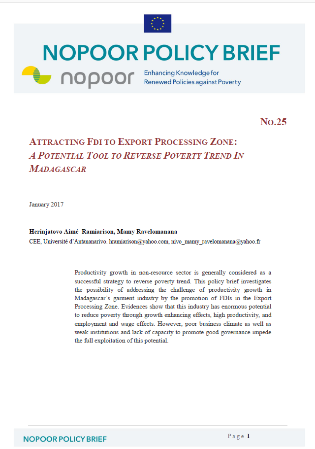 Attracting Fdi to export processing zone : A potential tool to reverse poverty trend in Madagascar.