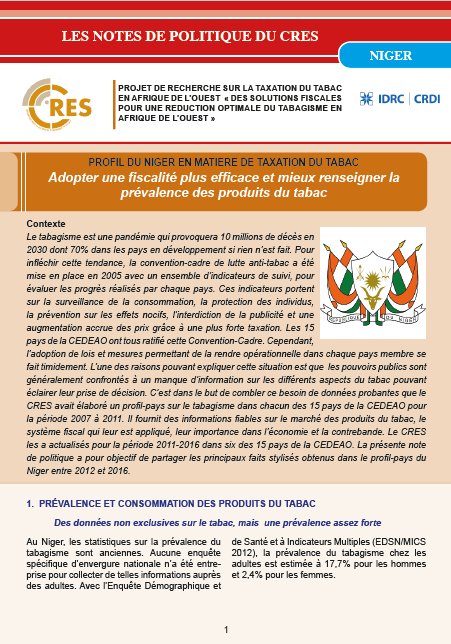 PROFIL DU NIGER : Adopter une fiscalité plus efficace et mieux renseigner la prévalence des produits du tabac