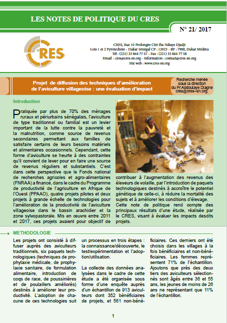 Projet de diffusion des techniques  d'amélioration de l'aviculture villageoise : une évaluation d'impact