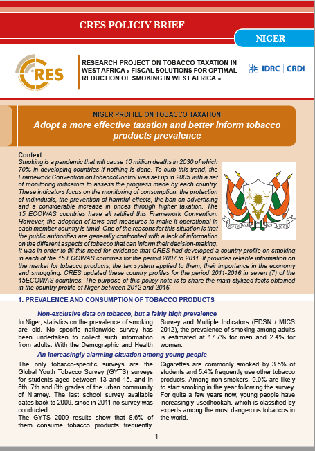 Adopt a more effective and better inform tobacco products  prevalence  : NIGER PROFILE