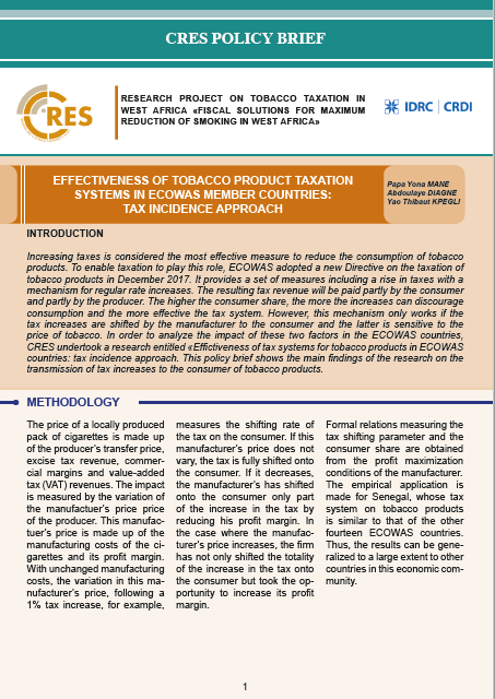 Effectiveness of Tobacco  product taxation systems in ECOWAS member countries : Tax incidence Approach