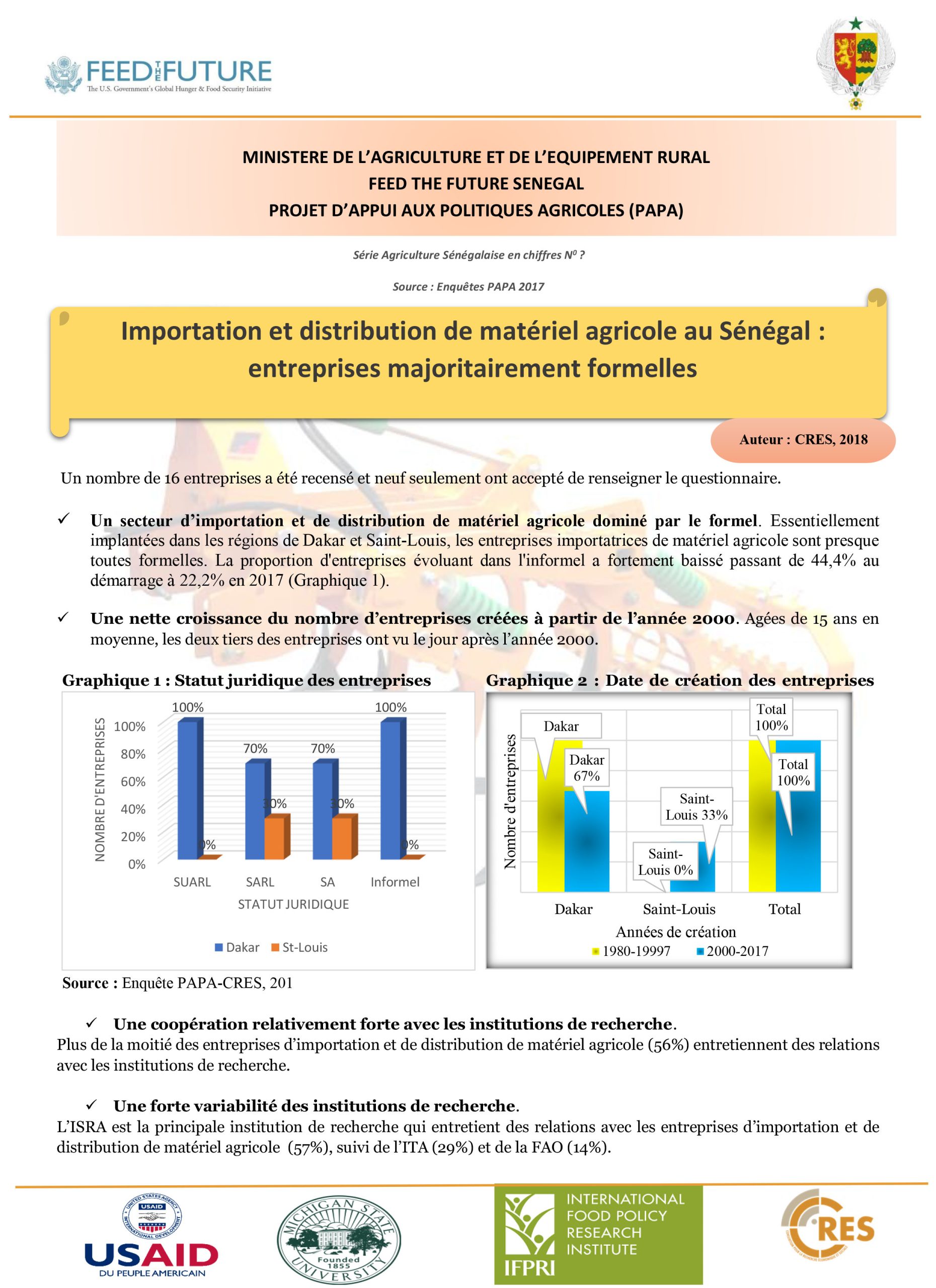 Importation et distribution de matériel agricole au Sénégal : entreprises majoritairement formelles