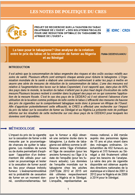 La taxe pour le tabagisme?  Une analyse de la relation  entre le prix du tabac et la  cessation de fumer au Nigéria et au Sénégal