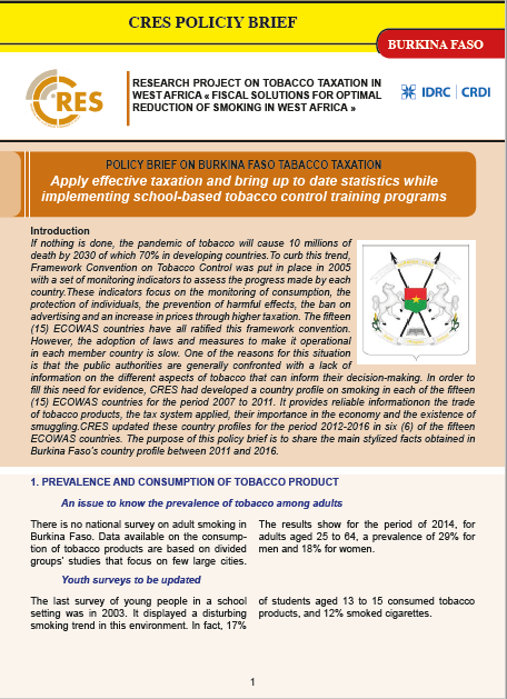 Apply  effective  taxation and bring  up  to date statistics while implementing school-based tobacco  control  training programs : Policy Brief  on Burkina Faso Tobacco  Taxation